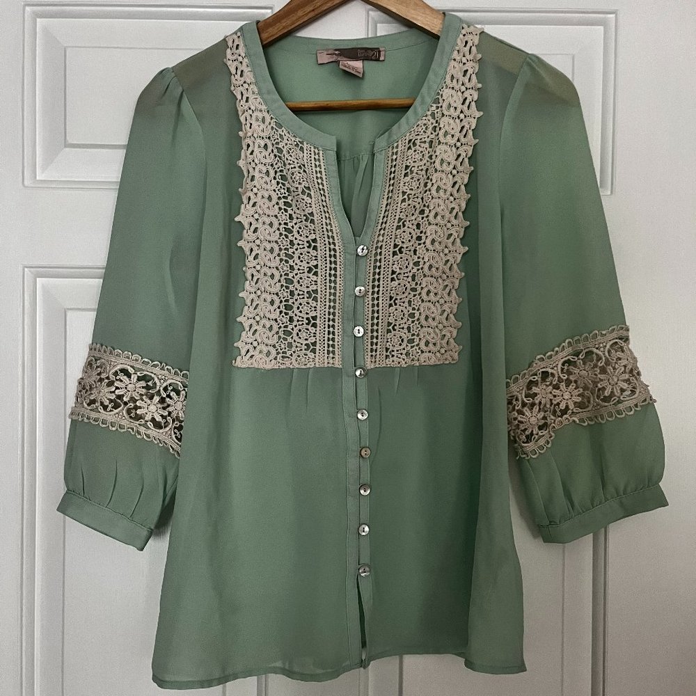 Forever 21 Sheer Mint Button-Down Blouse with Crochet Detail